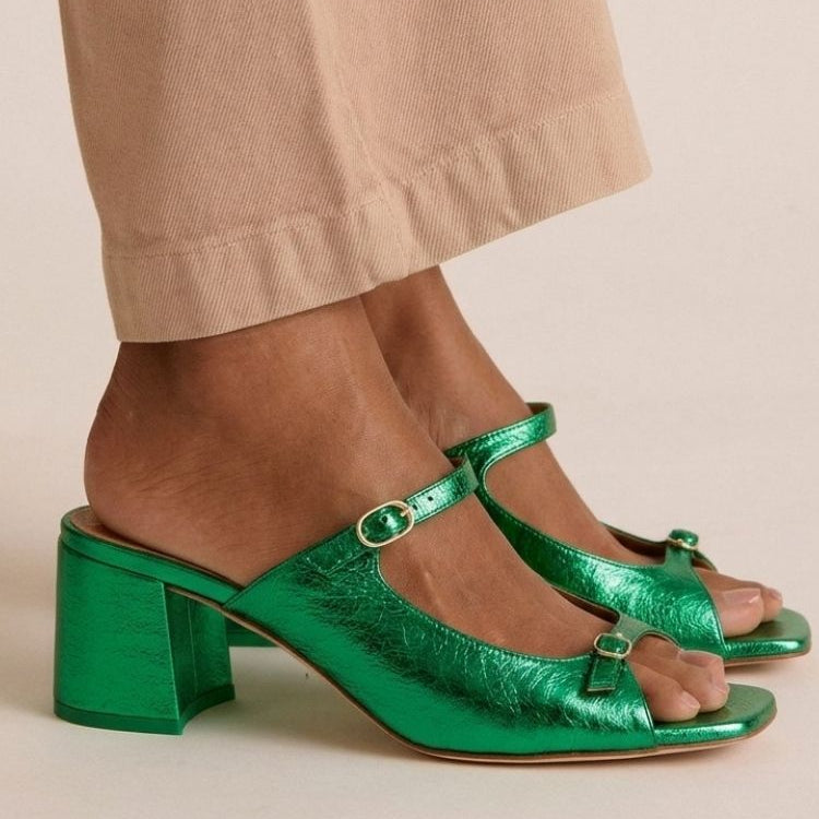 Sandales à Talon Épais, Bout Ouvert et Brides Colorées