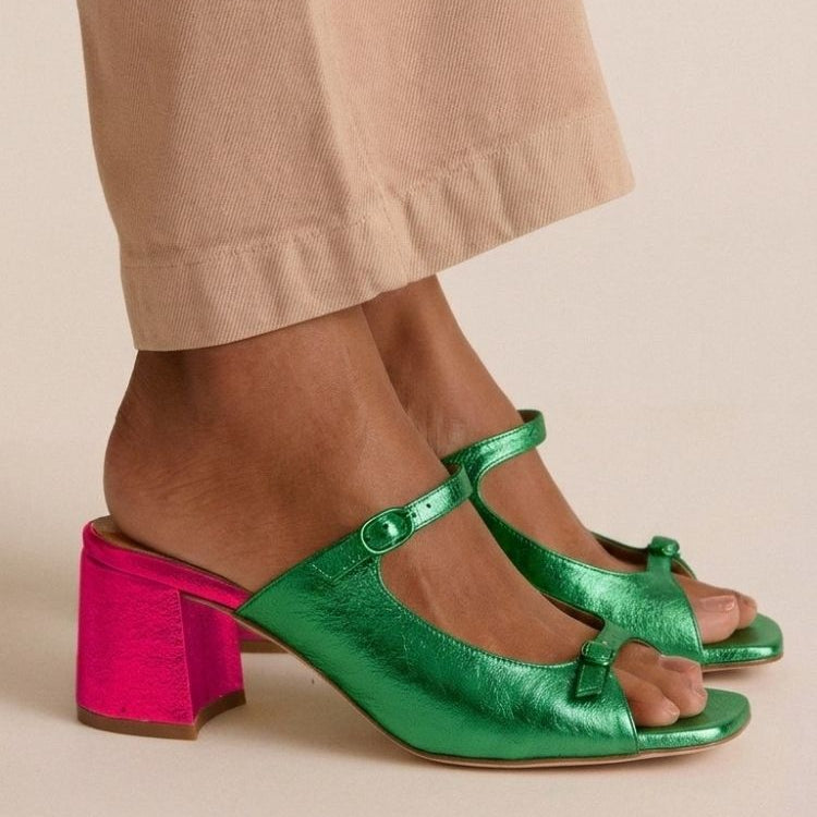 Sandales à Talon Épais, Bout Ouvert et Brides Colorées