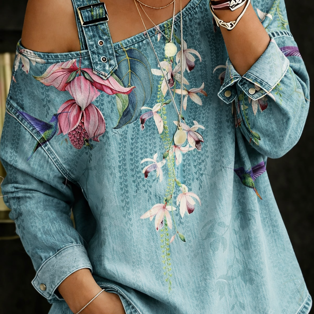 Alice - Top en Denim avec Épaules Dégagées