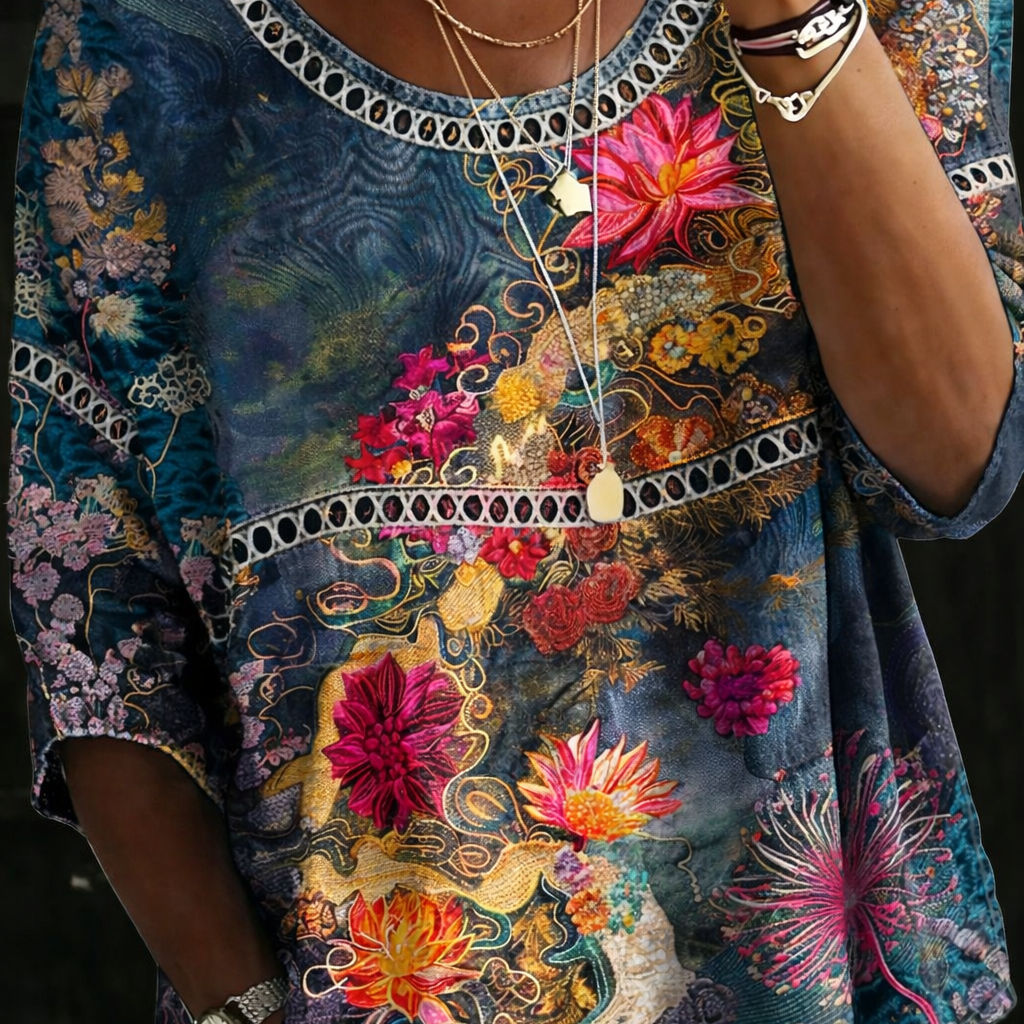 Aurélie - Blouse en Denim Floral Vintage